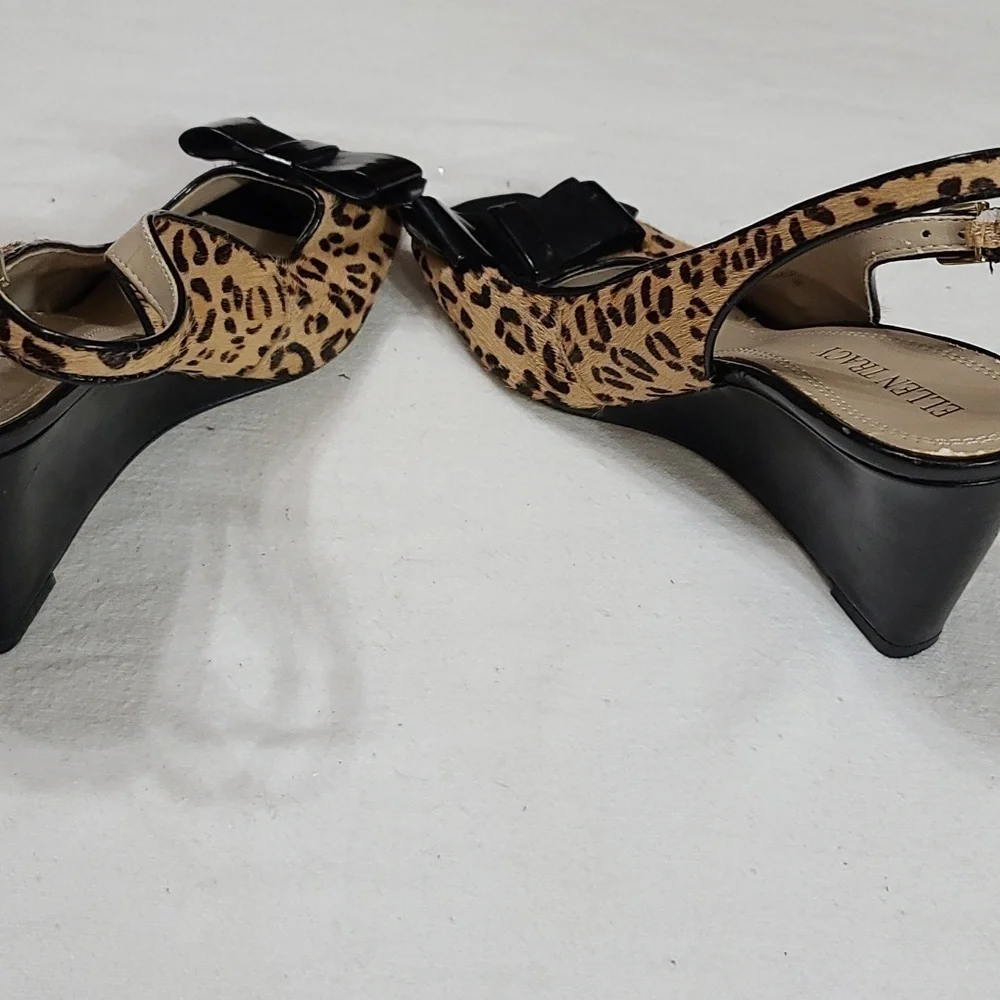 Ellen Tracy Womens Slingback Wedge Shoes Cheetah Print Cow Hair Blk Bow Sz 6 GUC